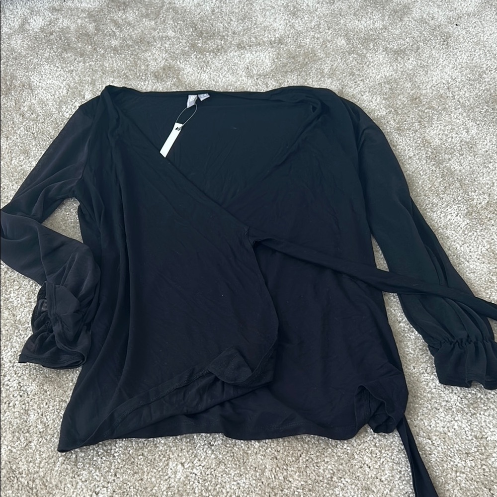 ASOS Black Wrap Blouse with 3/4 Sleeves and Tie Front